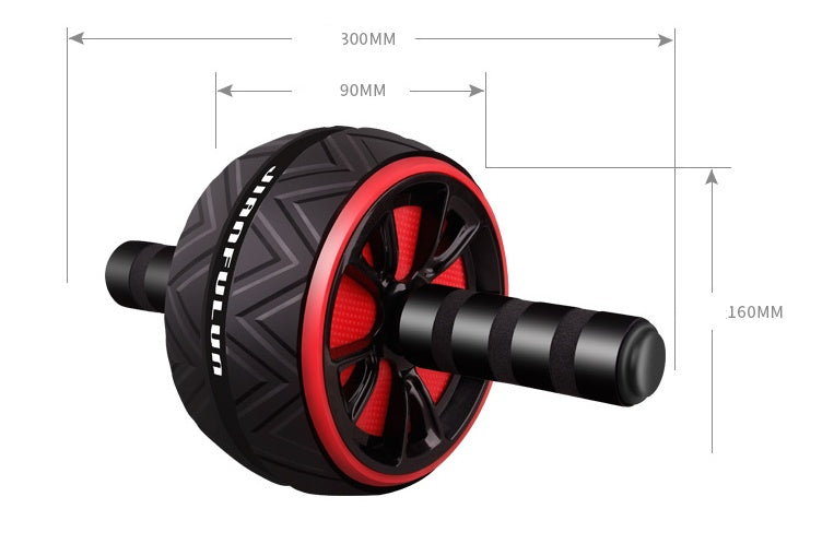 Black and red ab roller with dimensions on a white background