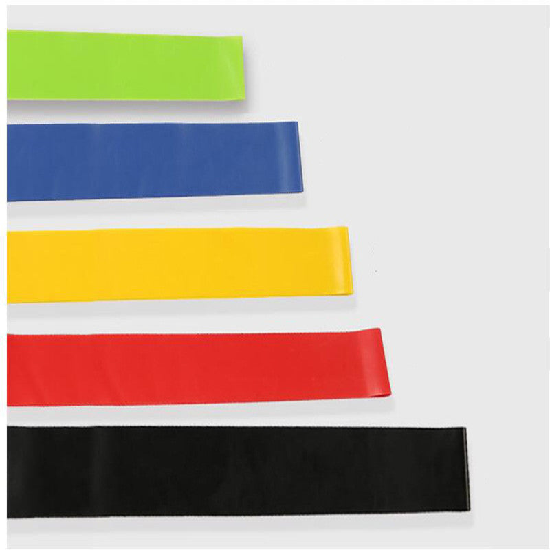 Set of colorful resistance bands in green, blue, white, yellow, red, and black on a white background.