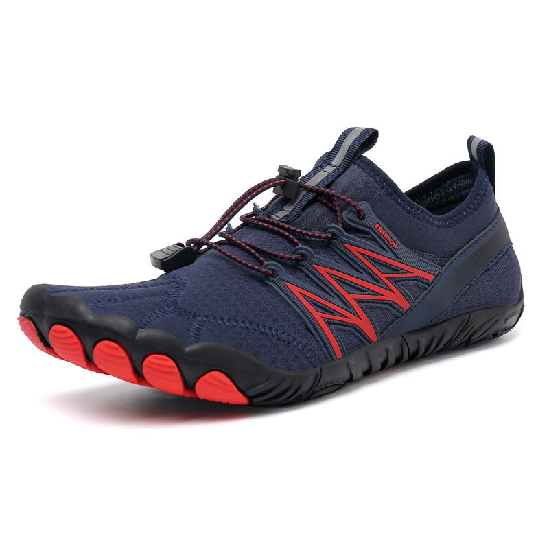 Navy and red athletic shoe on a white background
