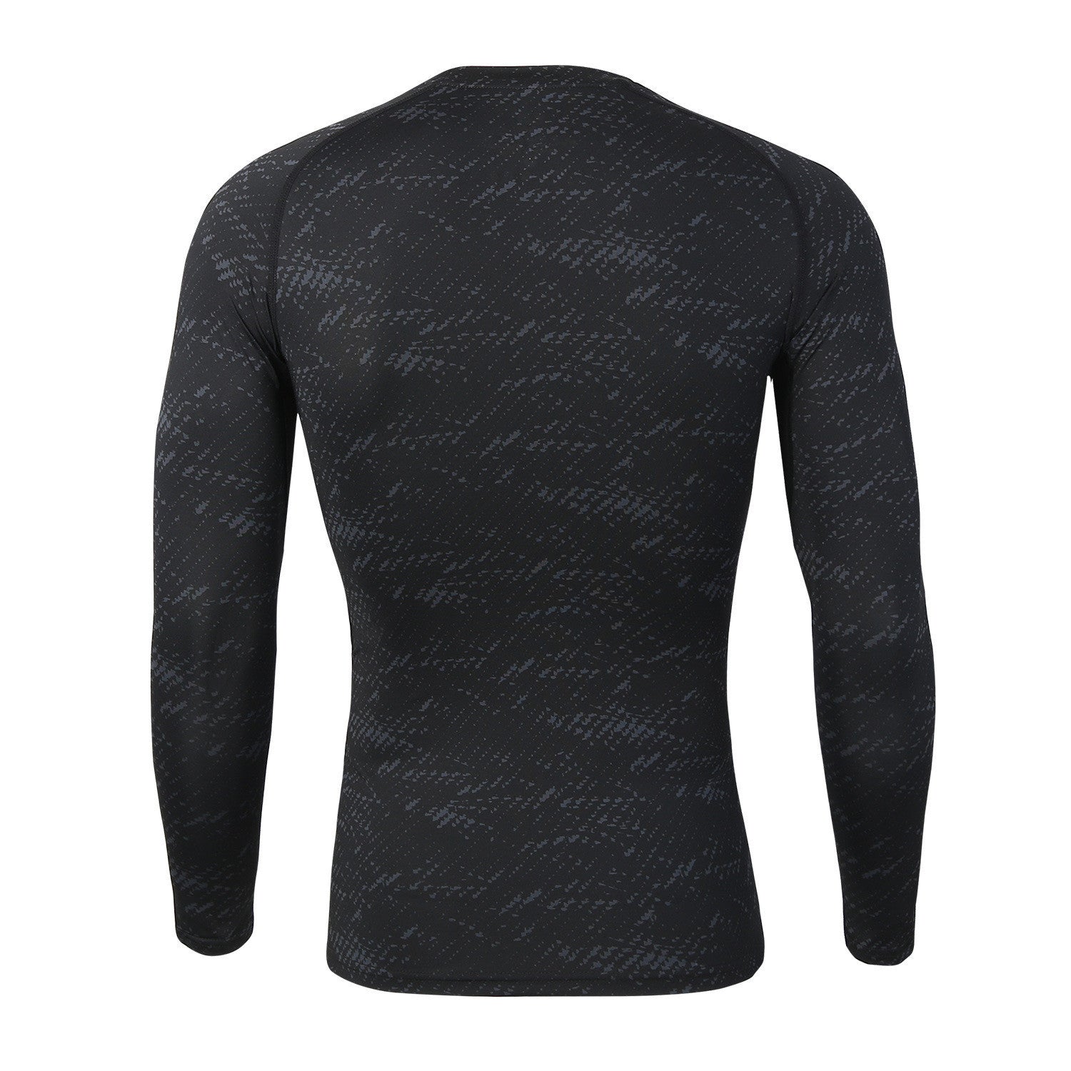 Black long-sleeve shirt with a subtle pattern on a white background