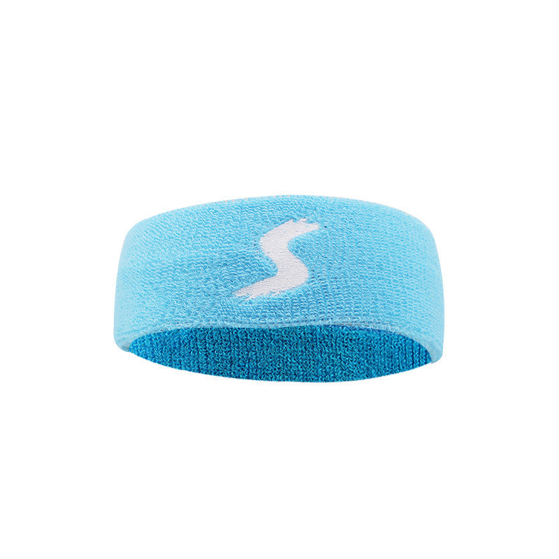 Light blue headband with a white logo on a white background