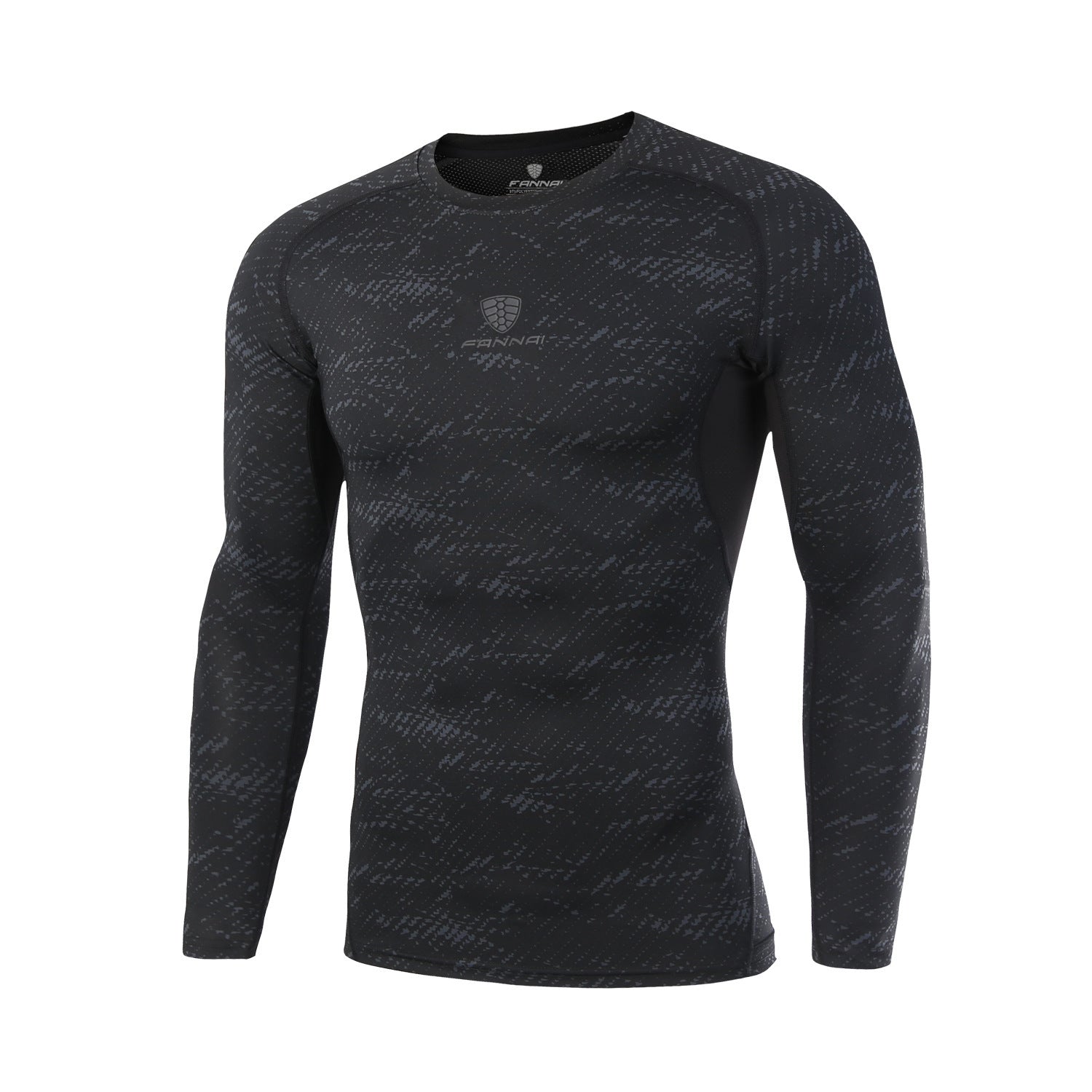 Black long-sleeve athletic shirt with subtle pattern on a white background