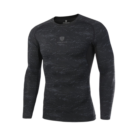 Black long-sleeve athletic shirt with subtle pattern on a white background