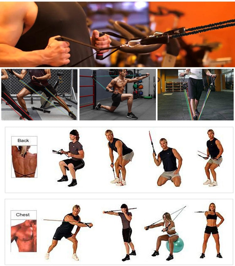 Collage of people using resistance bands with various exercises and body parts highlighted.