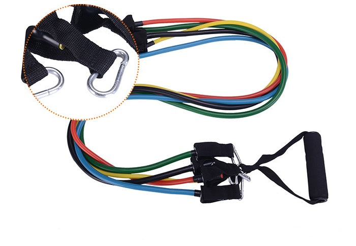 Resistance band set with colorful bands and black handles on a white background