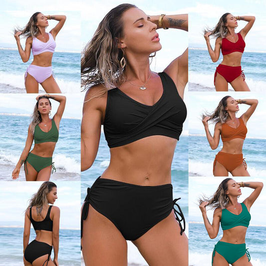 Woman modeling various bikini sets with a beach background