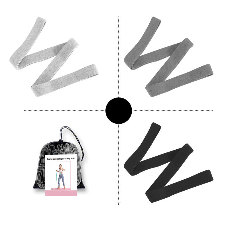Gray resistance bands with a black circle and a product image of a resistance band set on a white background.