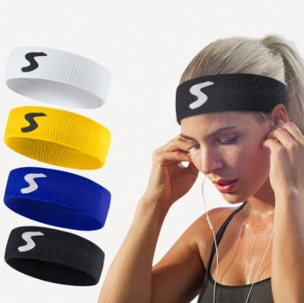 Woman adjusting earphones with sports headbands in various colors displayed above her.