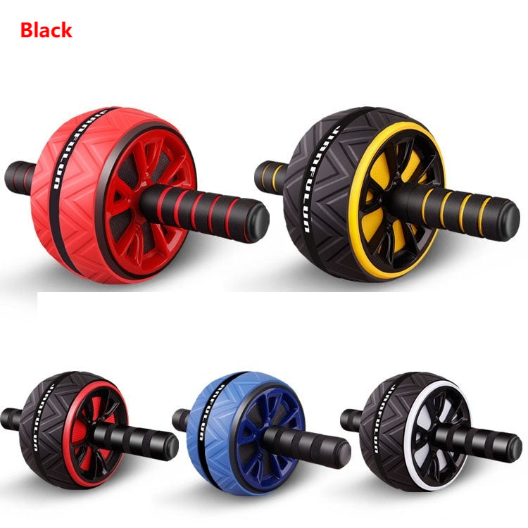 Set of red, black, blue, and yellow ab rollers on a white background