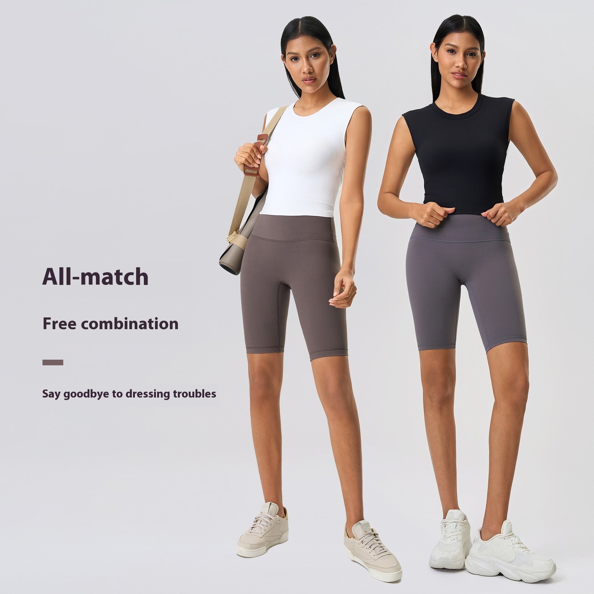 Two women wearing gray bike shorts with text about free combination on a light gray background