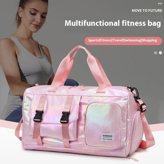Pink multifunctional fitness bag with a woman in athletic wear on a gray background