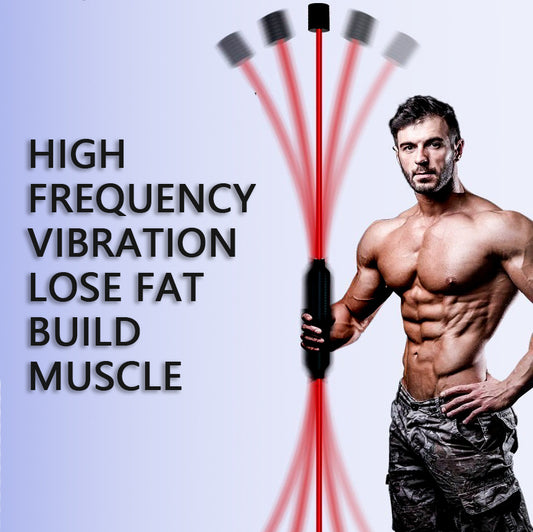 Man holding a high-frequency vibration device with text about fat loss and muscle building on a light blue background