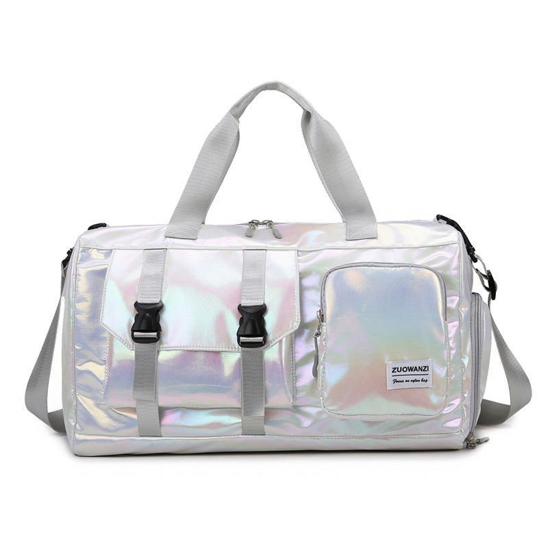Holographic duffel bag with straps on a white background