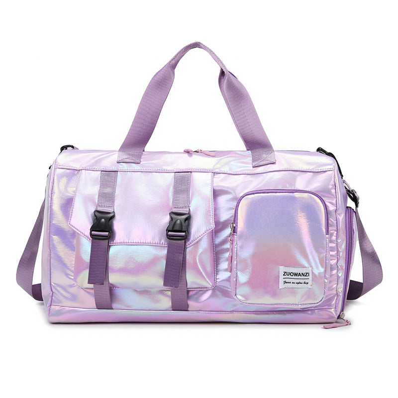 Holographic purple duffel bag with straps on a white background