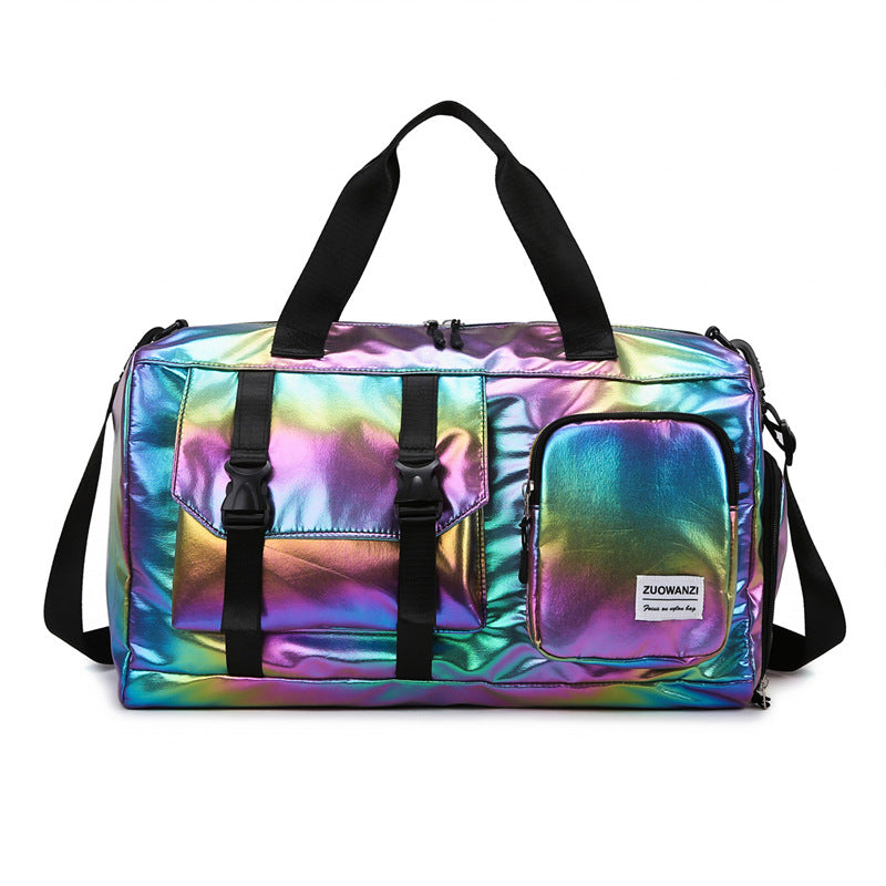 Multicolored iridescent duffel bag with black straps on a white background