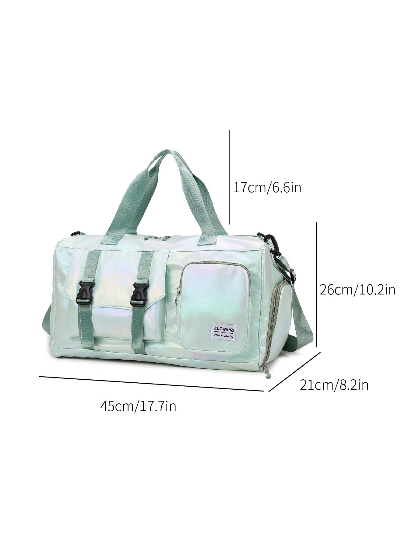 Light green duffel bag with measurements on a white background