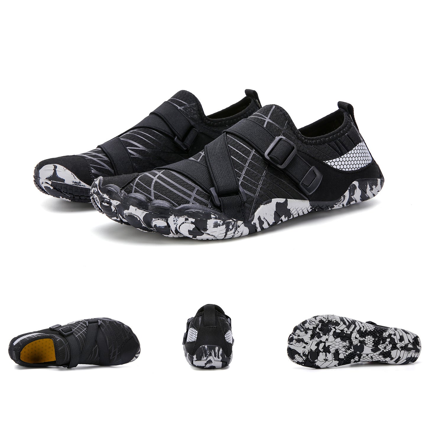 Black and white camouflage water shoes on a white background