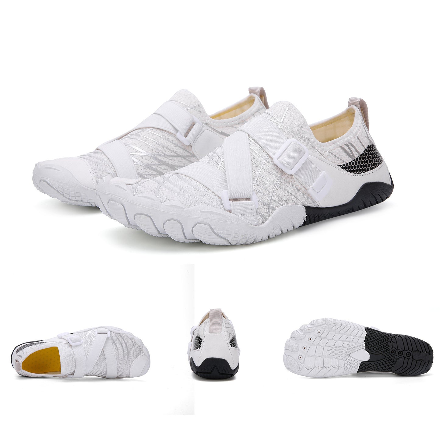 White athletic shoes with black accents on a white background