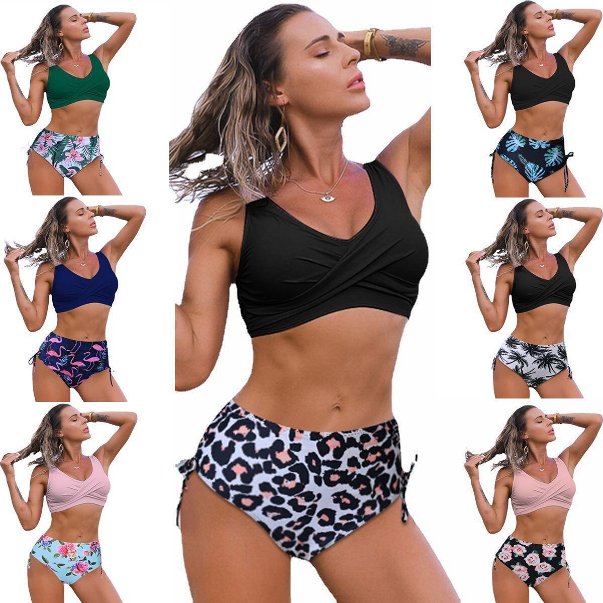 Woman modeling a black sports bra and leopard print shorts with multiple color options displayed.