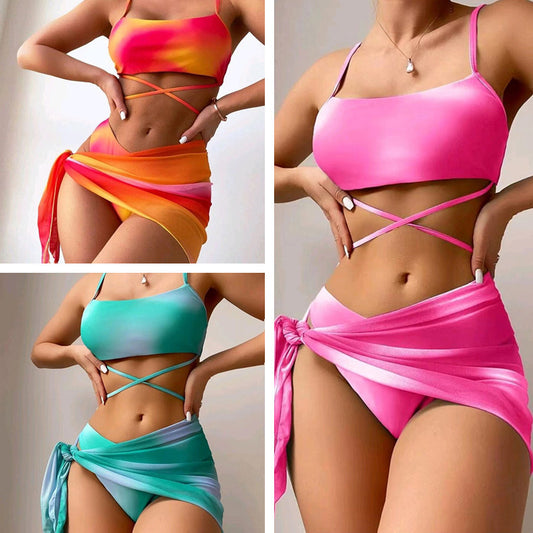 Four different colorful bikini sets on a neutral background