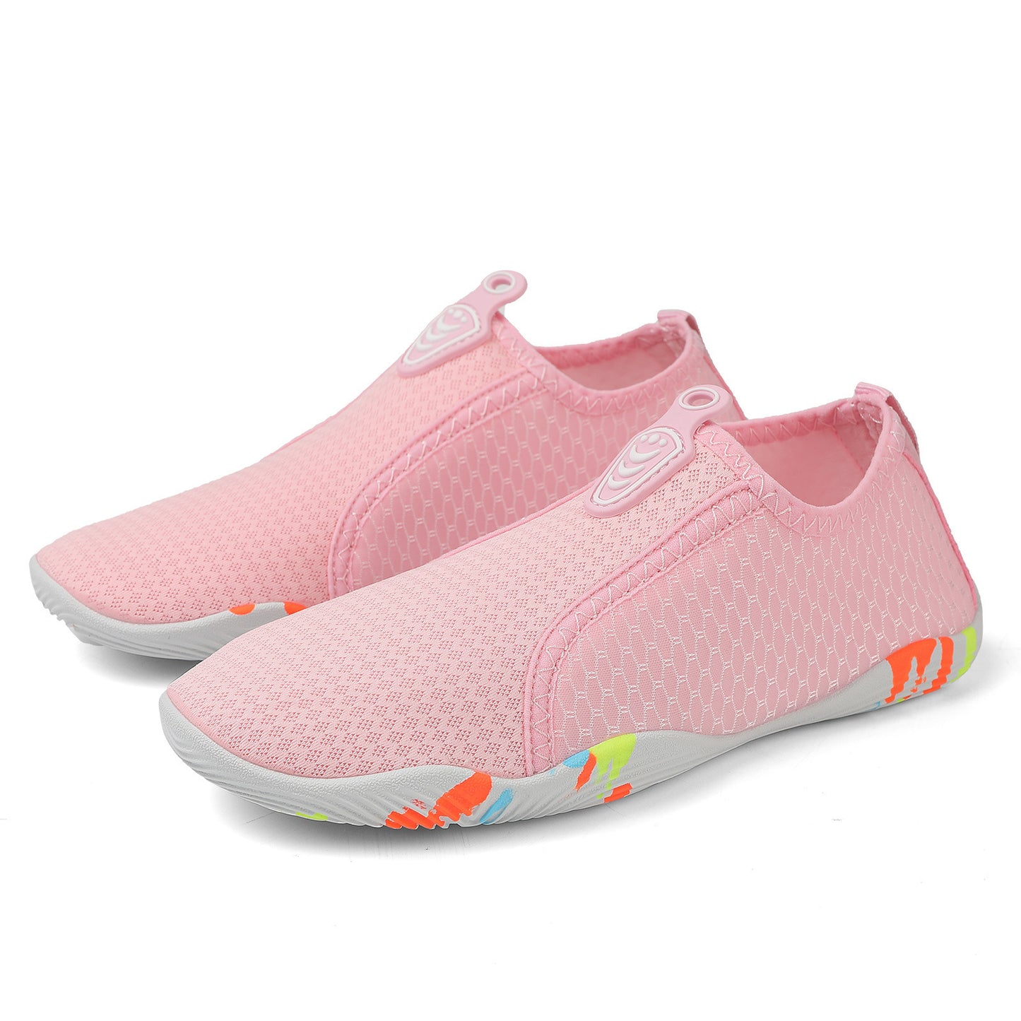 Pink water shoes with colorful accents on a white background